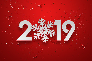 Creative background, numbers 2019 and festive confetti, spiral ribbons on a red background. Happy New Year 2019. Decoration element with tinsel, copy space.