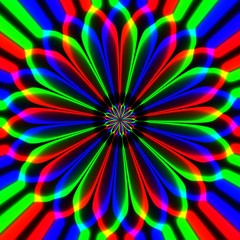 Psychotic abstract hypnotic multicolor flower in black background, psychotic texture, rainbow circle psycho and geometric pattern, techno and hypno