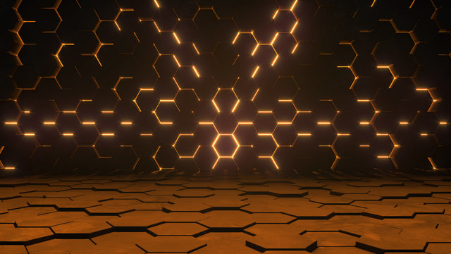 Abstract futuristic background. Hexagonal sci-fi warm lighting