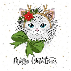 Cute festive cat with the inscription Merry Christmas. Vector illustration.