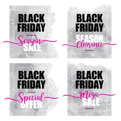 black friday sale, set of banners on a gray watercolor background. Vector illustration, template design, list, brochure, banner, cover, booklet, flyer, blank, card, poster