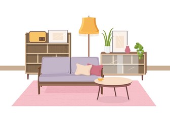 Comfy interior of living room full of Soviet furniture and retro home decorations - cozy couch, coffee table, houseplants, cupboard, floor lamp, radio receiver. Vector illustration in flat style.