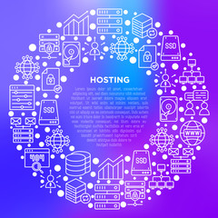 Hosting concept in circle with thin line icons: VPS, customer support, domain name, automated backup, SSD, control panel, secure server, local network, SSL. Vector illustration for print media.