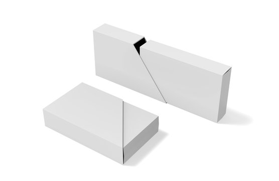 Blank box and slide trapezoid cover on isolated white background, mock up template for design presentation, 3d illustration