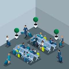 Isometric concept of the waiting room of the international airport, transit zone, business ladies and businessmen on a business trip