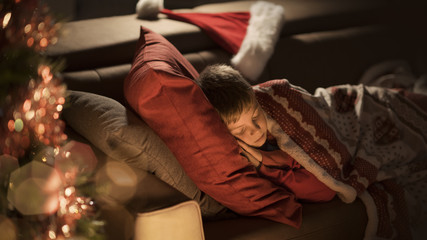 Cute boy waiting for Santa and sleeping on the sofa