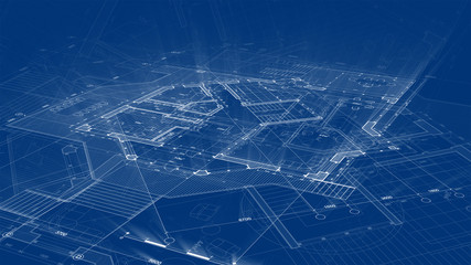 Architecture design: blueprint plan - illustration of a plan modern residential building / technology, industry, business concept illustration: real estate, building, construction, architecture