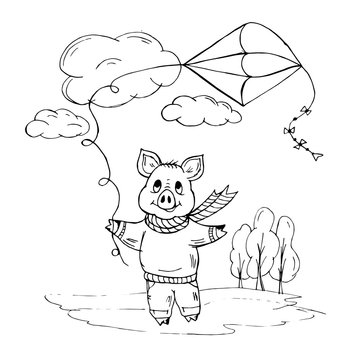 Doodle piggy playing with a kite on the street