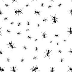 Ant seamless pattern. Black and white vector seamless pattern with ants. Animal background.