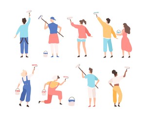 Collection of male and female painters holding paint rollers and painting or writing advertising text on wall. Set of cartoon characters isolated on white background. Flat vector illustration.