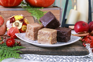 Gingerbread cubes in chocolate, sweet dessert