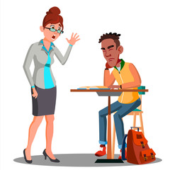 Angry Teacher And Student Sleeping At The Desk Vector. Isolated Illustration