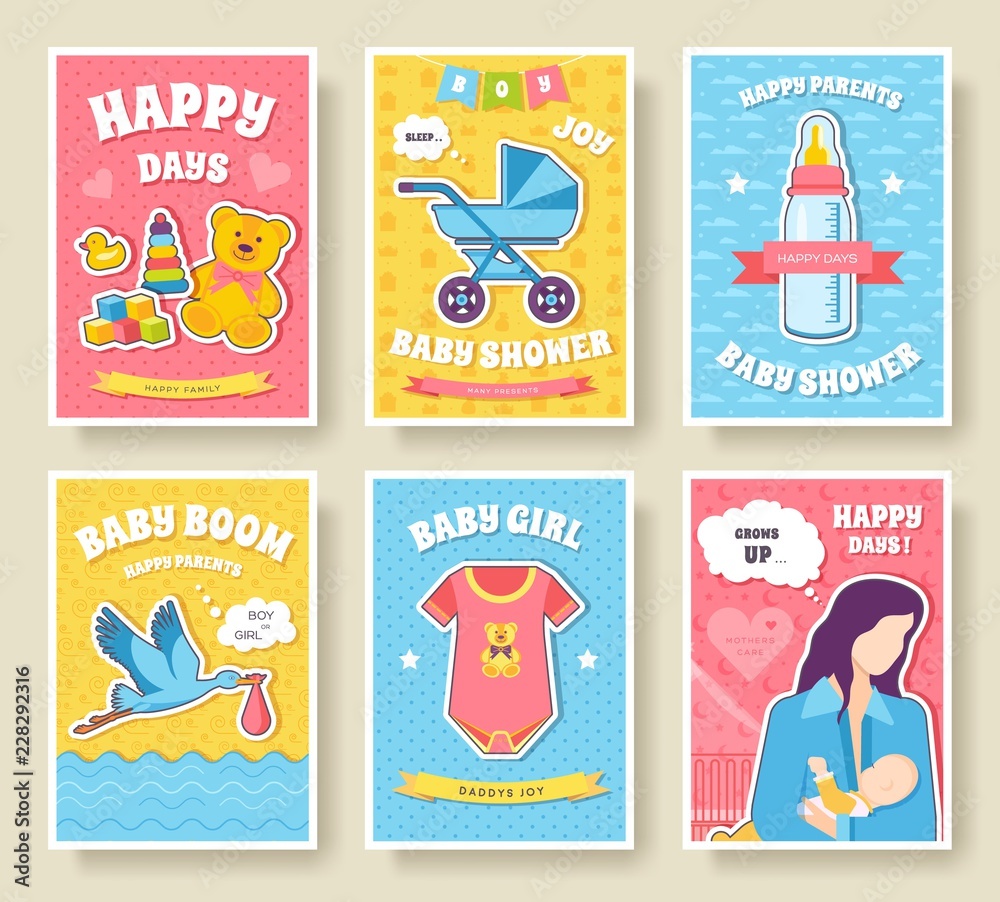Wall mural World breastfeeding week cards set. kids elements of flyear, magazines, posters, book cover, banners. Devices infographic concept background. Layout illustrations template pages with typography text