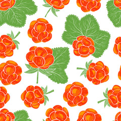 Cloudberry. Berries, leaves. On a white background. Seamless, wallpaper.