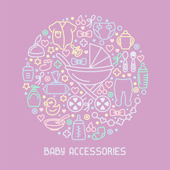 Baby accessories elements card. Linear style vector illustration. Suitable for advertising or web