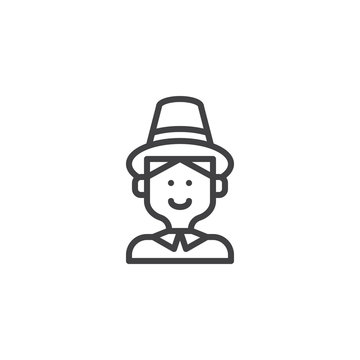 Pilgrim man with hat outline icon. linear style sign for mobile concept and web design. Thanksgiving holiday simple line vector icon. Symbol, logo illustration. Pixel perfect vector graphics