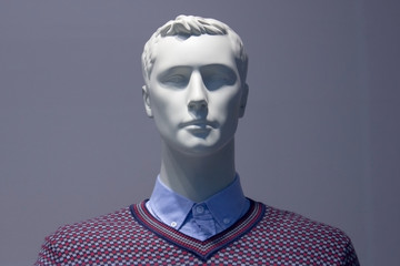 Head of a white mannequin man on a blue background.