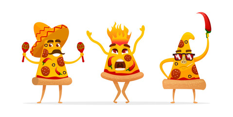 Cartoon spicy pizza characters slices.