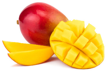 Mango fruit with mango cubes and slices. Isolated on a white background