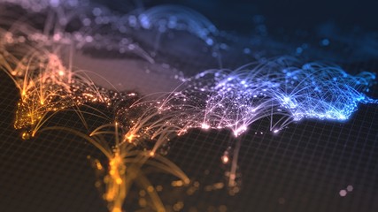 glowing city and human population density areas with bouncy line connections between them. view of asia. 3d illustration