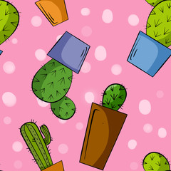 Seamless pattern with cactuses and circles on pink background. Fabric, textile and wallpaper design.