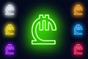 Neon Georgian lari sign in various color options on a dark background .