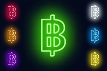 Neon Thai baht sign in various color options on a dark background .