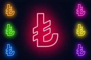 Neon Turkish Lira sign in various color options on a dark background .