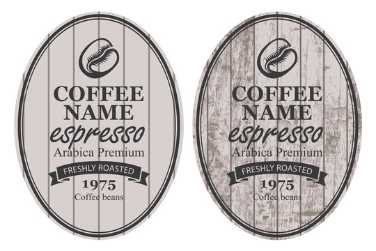 Fototapeta Set of two vector labels for freshly roasted coffee beans with ribbon in oval frame in retro style on striped wooden background with inscription Espresso