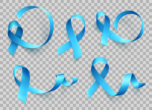 Big set of blue ribbons over transparent background. Symbol of prostate cancer awareness month in november. Vector