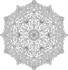 Adult mandala coloring page. Vintage mandala with leaf and flowers. Meditation mandala, relax and enjoy. 