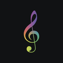 Simple icon of treble key. Rainbow color and dark background