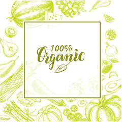 Background with Ink hand drawn various vegetables and fruits. Healthy vegetarian  food elements composition with brush calligraphy style lettering. Vector illustration.