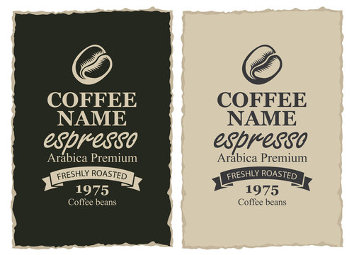 Fototapeta Set of two vector labels for freshly roasted coffee beans with ribbon in frame with ripped edges in retro style with inscription Espresso