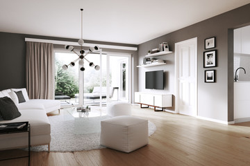 Fototapeta na wymiar Blick in Wohnzimmer in einem Neubau Apartment - view inside a living room with sofa