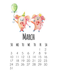 Mounthly calendar for 2019 new year with watercolor cute pigs March