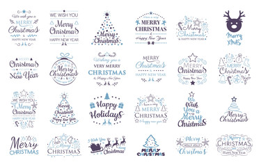 Set with Christmas ornaments and wishes. Vector.