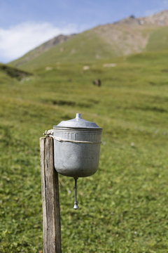 Faucet in front of a yurt to wash hands, Kol Ukok, Kochkor, Kyrgyzstan