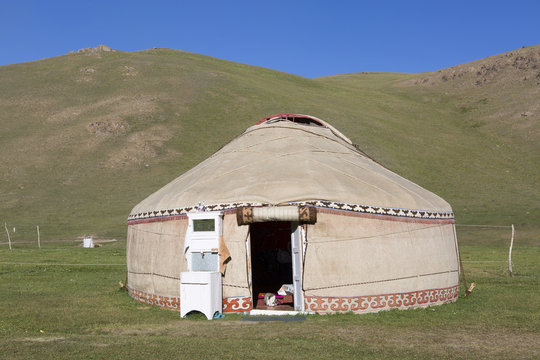 Kirghiz yurt and washbasin at campement of Lake Song Kol, Kyrgyzstan