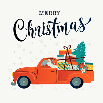Merry christmas stylized typography. Vintage red car santa claus christmas tree and gift boxes. Vector flat style illustration.
