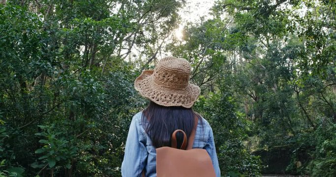 Woman go hiking in forest