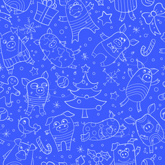 Seamless pattern on new year theme with funny cartoon pigs and snowflakes, light  icons on blue background
