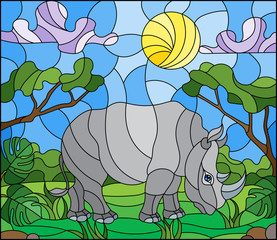 Illustration in stained glass style with cute gray  rhino on the background of green trees of cloudy sky and sun