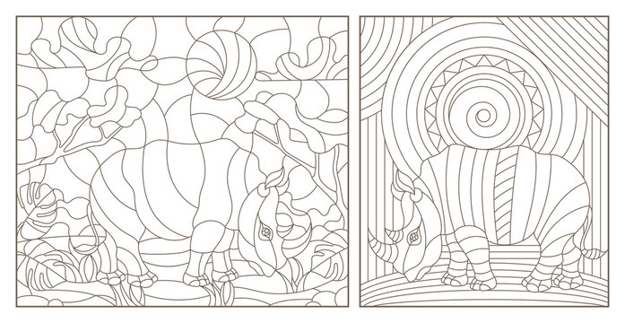 Set of contour illustrations of stained glass Windows with rhinos, dark contours on a white background
