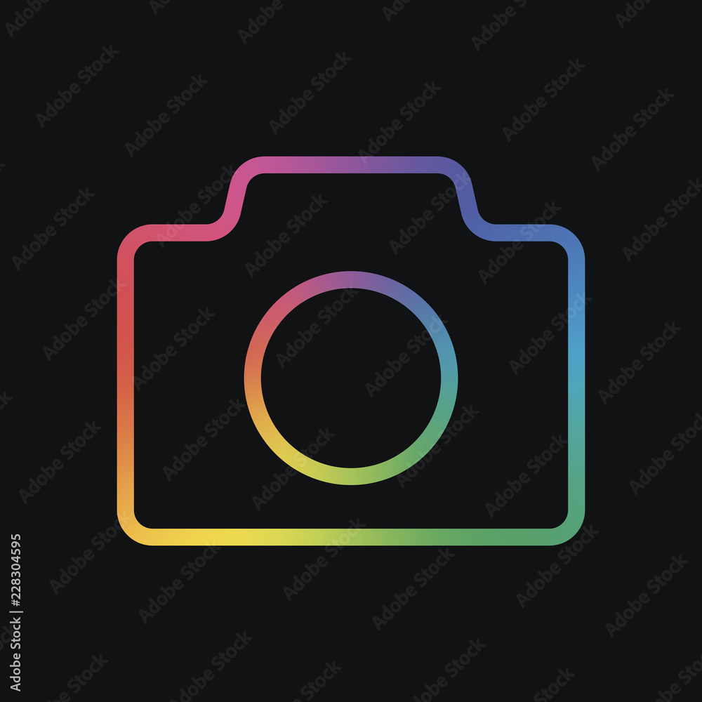 Wall mural photo camera, linear symbol with thin outline, simple icon. rainbow color and dark background