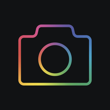 Photo camera, linear symbol with thin outline, simple icon. Rainbow color and dark background