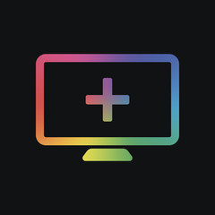 Obraz premium computer and medical cross, medical site. simple icon. Rainbow color and dark background