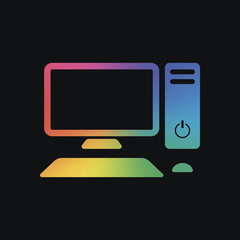 Personal computer, pc. System unit, monitor, keyboard and mouse. Rainbow color and dark background