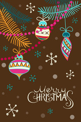 Merry Christmas greeting card with Christmas tree with toys.