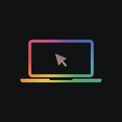 Laptop or notebook with arrow on screen. Rainbow color and dark background